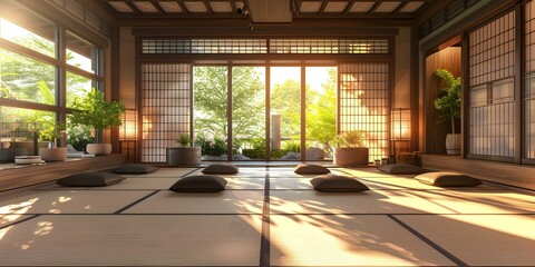 Traditional Japanese Tea Room 3D Rendering with Tatami Mats. Concept Home Decor, Japanese Culture, Interior Design, 3D Rendering