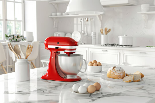 Red stand mixer and baking ingredients in bright modern kitchen on white marble counter top