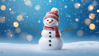 Close-up of miniature snowman standing in snow, blue backdrop. Merry Christmas, Happy New Year