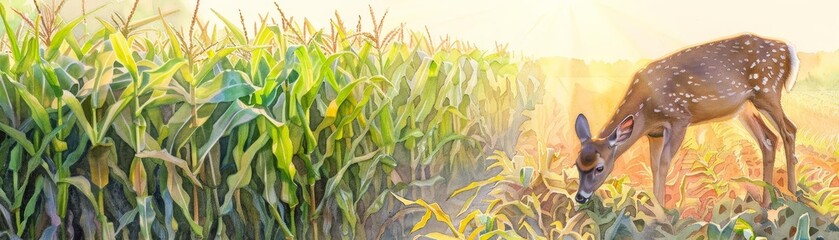 Naklejka premium Deer grazing in a farmers cornfield, Realism, Warm sunlight, Watercolor, Agricultural trespass