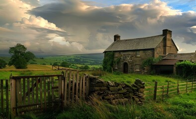Beautiful country scene of the Lake District with an old stone farmhouse in front, surrounded by green pastures and hills, a wooden fence