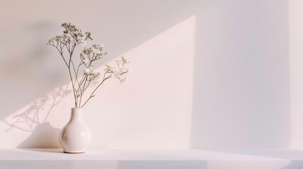 A polished ceramic vase with fresh flowers on a minimalist white shelf.