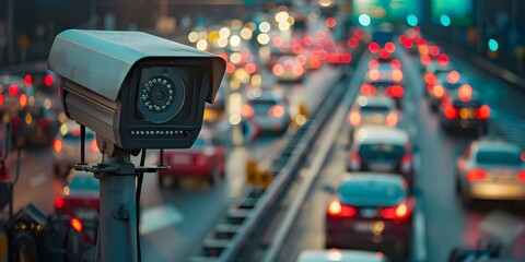 Monitoring and Recording Speeding Violations with Highway Traffic Cameras and Radars. Concept Highway Traffic Cameras, Speeding Violations, Monitoring System, Radars, Traffic Safety