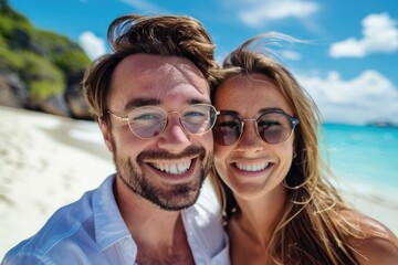 Happy smiling young couple on the tropical beach by the sea. Two loving people enjoying vacation together