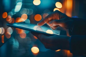 Business Technology Background: Close-Up of Hand Using Tablet with Copy Space