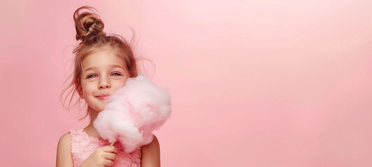 Cute little girl with cotton candy on a pink background