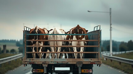 Cows being transported in a truck on a rural road, showcasing agricultural livestock transport in a countryside setting.