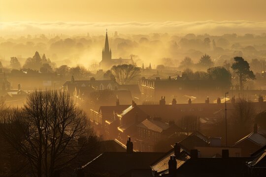 A misty morning in the town of Barnsley, with church spire visible in the distance, buildings, golden hue, overcast sky, trees silhouetted against the sun, tranquil and peaceful atmosphere.