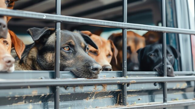 Group of dogs looking out from behind metal bars in a truck, showcasing a mix of colors and breeds in a traveling pet transport vehicle.