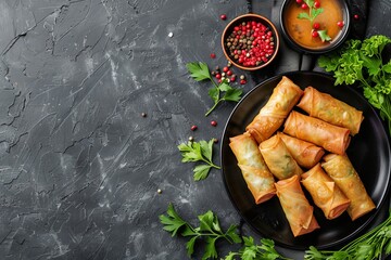 Fried spring rolls with sauce on a black plate, garnished with cilantro and red pepper on a dark background