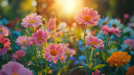 A vibrant garden scene with blooming flowers, a gardener tending to plants, and bright sunlight