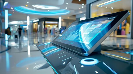 A sleek, interactive kiosk display in a mall, featuring touch screen capabilities and futuristic design elements.
