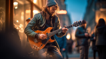 Fototapeta premium Street Musician Playing Guitar in Urban Bustle