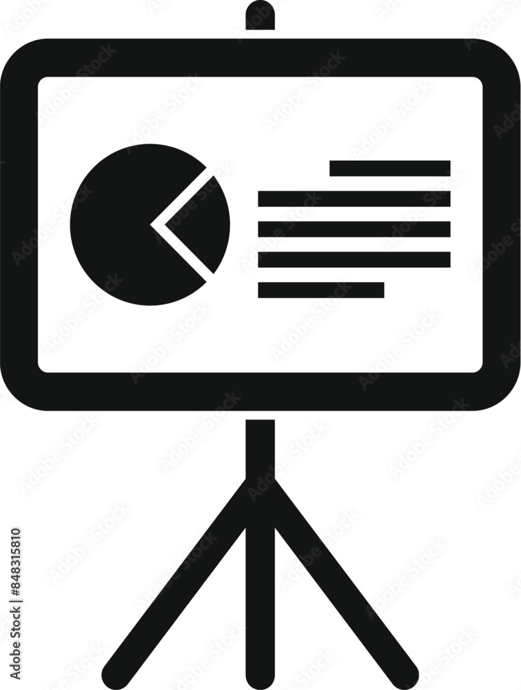 Poster flip chart is displaying business data including a pie chart and text