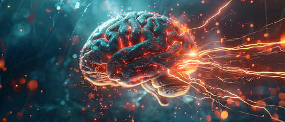 Synapse, electric impulses, firing rapidly, in a state-of-the-art brain simulation lab, during a thunderstorm, portrayed in a striking 3D render with chromatic aberration