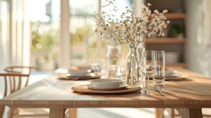 A close-up shot of a dinner table setting with natural light streaming in
