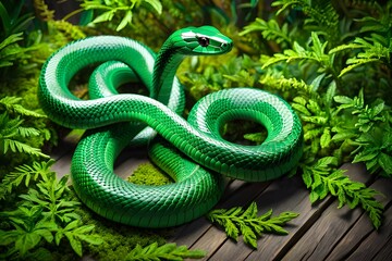 Fototapeta premium Green Snake looks into the camera symbol of the New Year 2025.