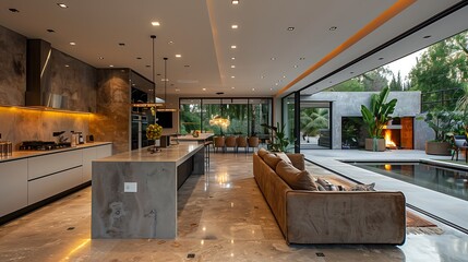 Modern interior of house with marble and granite elements in the kitchen with built-in appliances
