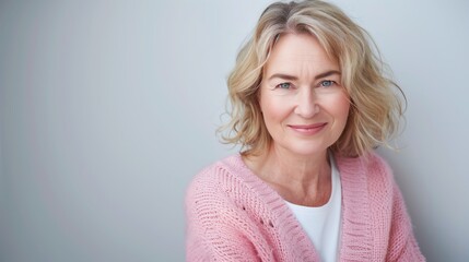 Fototapeta premium Portrait of a beautiful senior woman with blond hair in pink sweater and shirt on a gray background