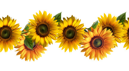 A seamless boarder of sunflowers with leaves for textile design. The image has a cheerful and bright mood © Vira