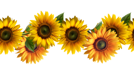 A seamless boarder of sunflowers with leaves for textile design. The image has a cheerful and bright mood