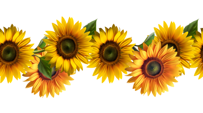 A seamless boarder of sunflowers with leaves for textile design. The image has a cheerful and bright mood