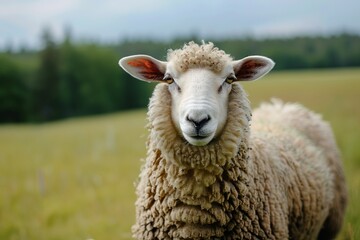 Fototapeta premium A close-up of a sheep standing in a green field on a sunny day with a forest in the background.