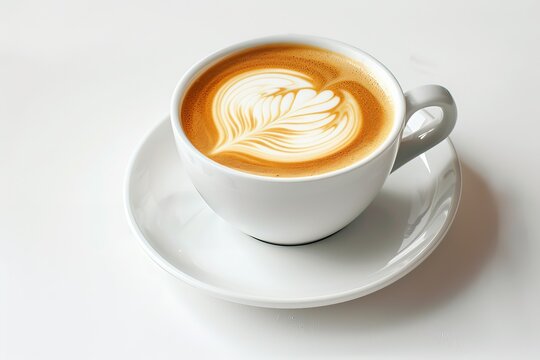 A close-up shot of a white cup filled with a beautifully crafted latte with art on top, placed on a white saucer against a plain background.