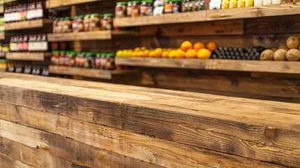 Rustic wooden counter at a cozy grocery store with shelves stocked with fresh produce and jars of food in the background.