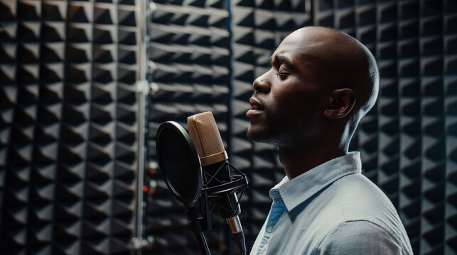 Voice actor recording in a professional studio, microphone and soundproofing panels, right third copy space