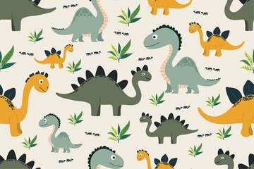 Cartoon children's pattern with dinosaurs on beige isolated background. Cute vector animal dinosaurs in flat style. For children's design, prints, cartoon characters.
