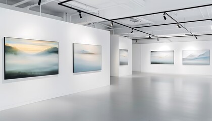 A contemporary art gallery with minimalist white walls, featuring a series of serene landscape...