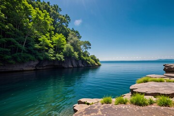 Obraz premium The lake sits between emerald mountains under a bright summer sky.