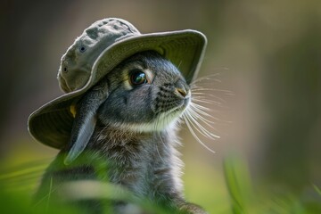 A close-up portrait photo of a cute rabbit wearing a hat, against a bokeh blurred background. 