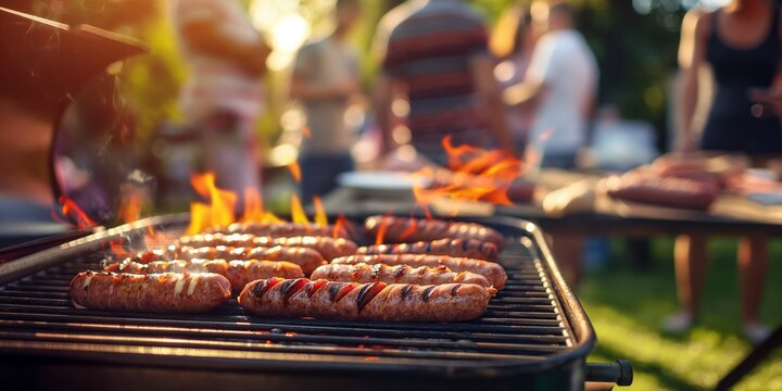 Grilling sausages on an outdoor barbecue with people in the background. Summer weekend and BBQ party concept. Banner with copy space.