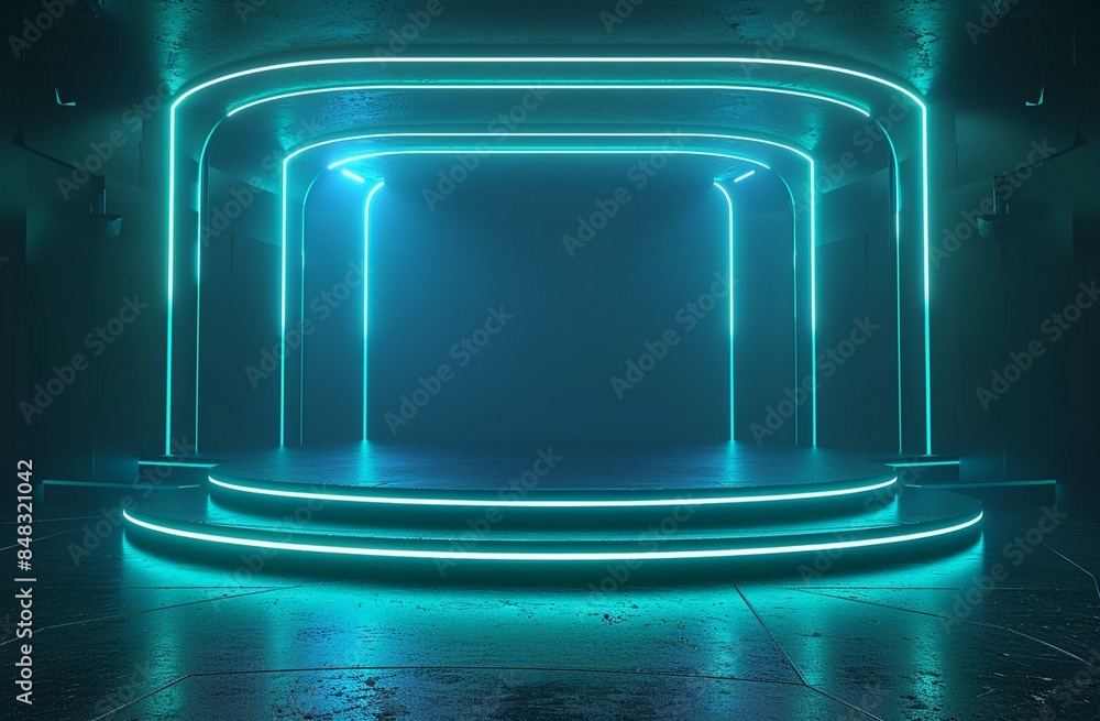 Poster 3d render of empty green neon light corridor background with reflections and floor reflection