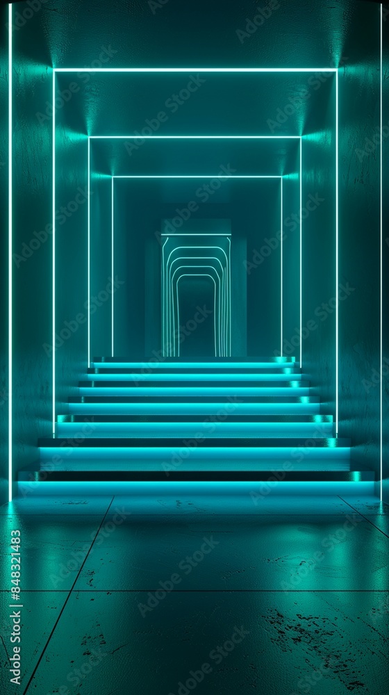 Poster 3d render of empty green neon light corridor background with reflections and floor reflection