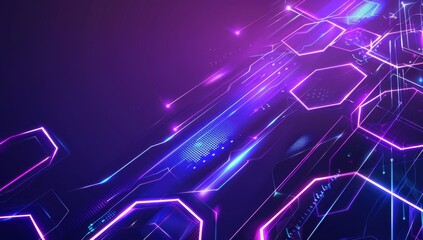 Fototapeta premium purple and blue background with glowing neon lines and hexagon shapes perfect for an abstract or technology-inspired banner Generative AI