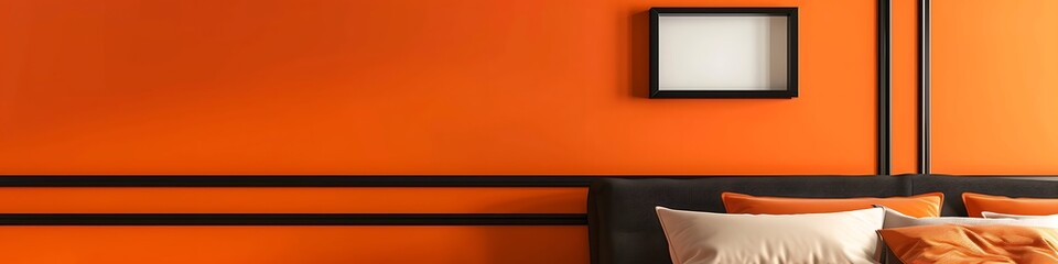 A contemporary bedroom with an orange wall, featuring a single small empty black frame near the headboard. The frame adds a focal point to the vibrant room.