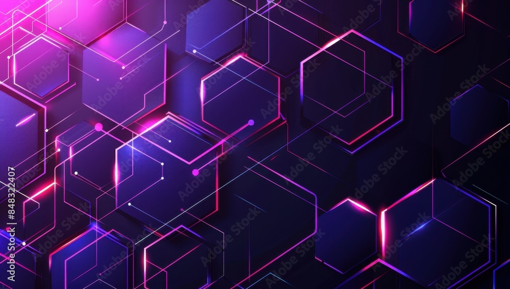 Poster abstract purple and blue background with hexagonal shapes for a technological concept generative ai