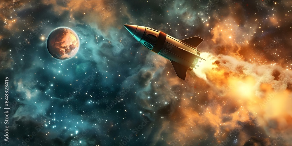Aufkleber escape from the exploding planet a space scene with a rocket in a cosmic backdrop. concept space sce