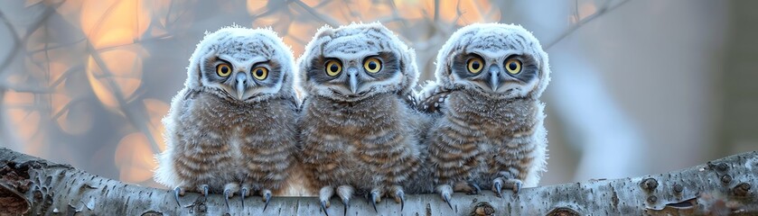 Obraz premium Three fluffy owlets perched together, wideeyed and adorable, soft blurred background