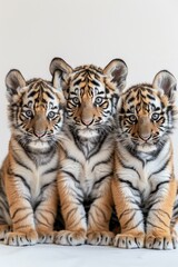 Three tiger cubs sitting, white background, soft light, looking at camera