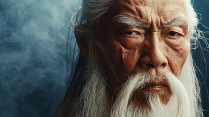 A close-up portrait of an old kung fu master with a long white beard and piercing eyes
