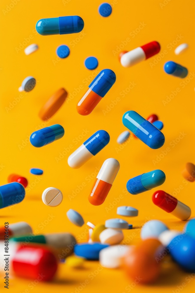 Poster pills falling on soft colored surface with copy space and defocused bokeh background