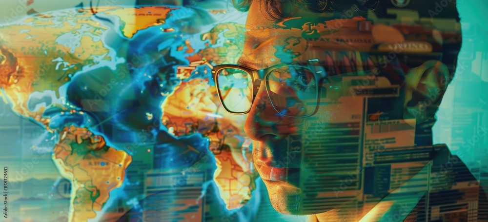 Aufkleber the image shows a man with glasses. half of his face is a world map. the other half shows binary cod