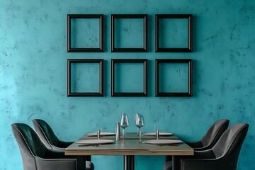 A contemporary dining room with a cyan wall, featuring four small empty black frames arranged in a square.