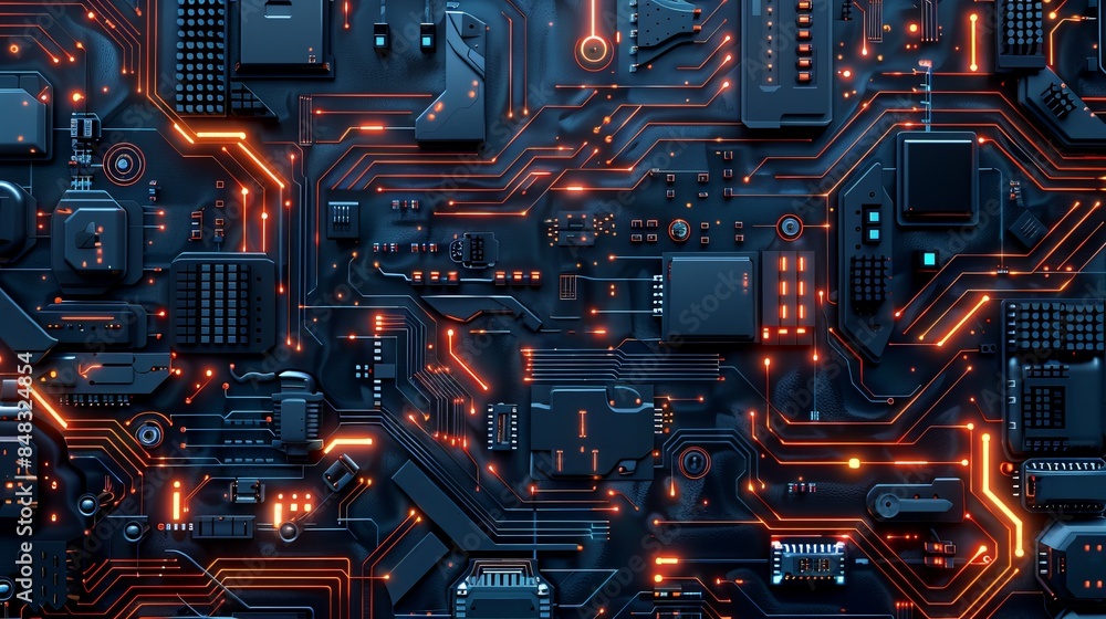 Poster close-up of a glowing circuit board with orange pathways, representing modern technology and electro