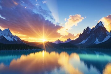 Majestic sunrise paints a colorful sky over a tranquil mountain lake