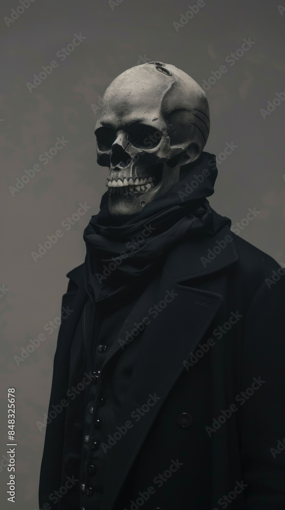 Wall mural a man in a black coat and scarf is wearing a skull mask - Wall murals